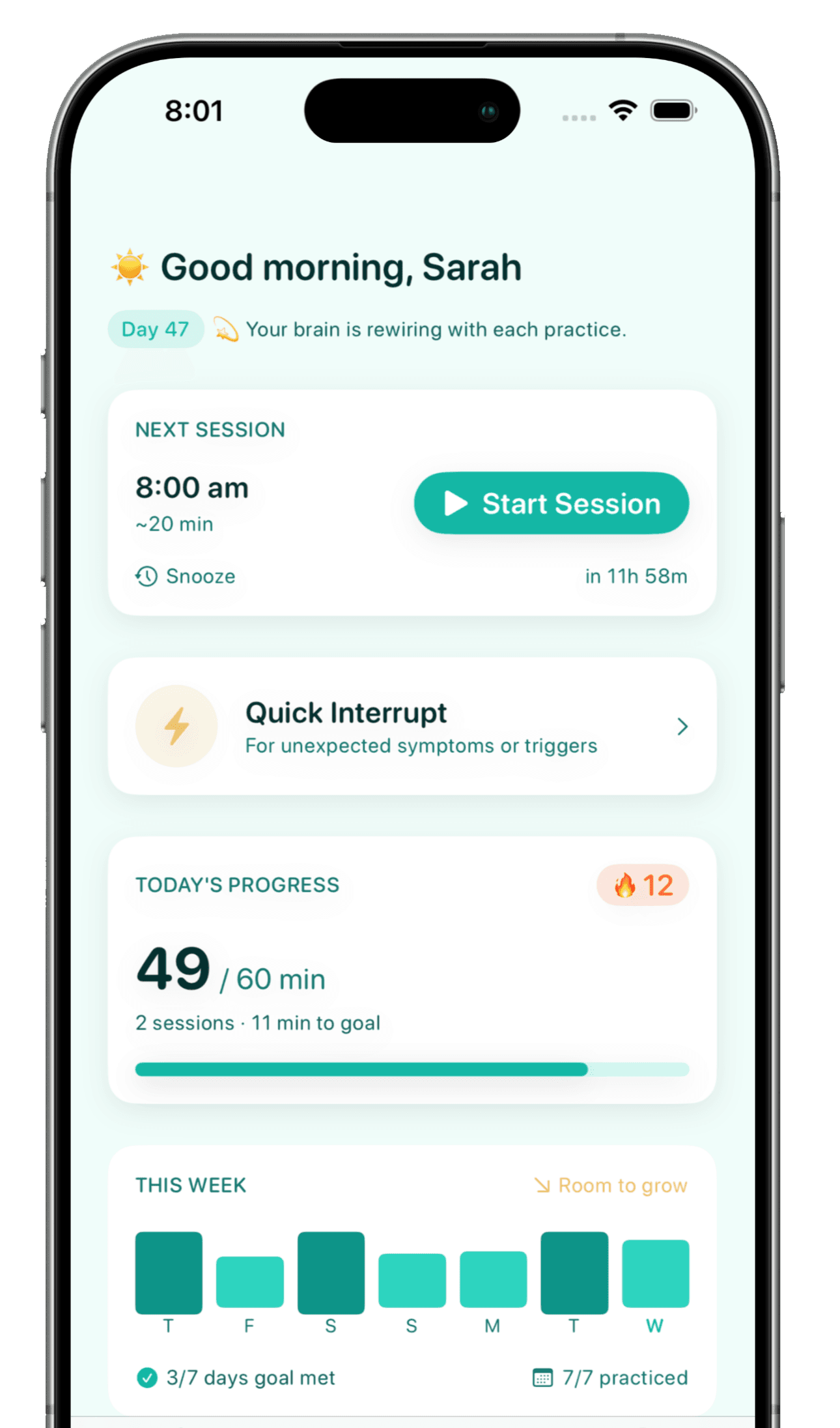 NeuroSet app home screen showing daily practice schedule and progress tracking